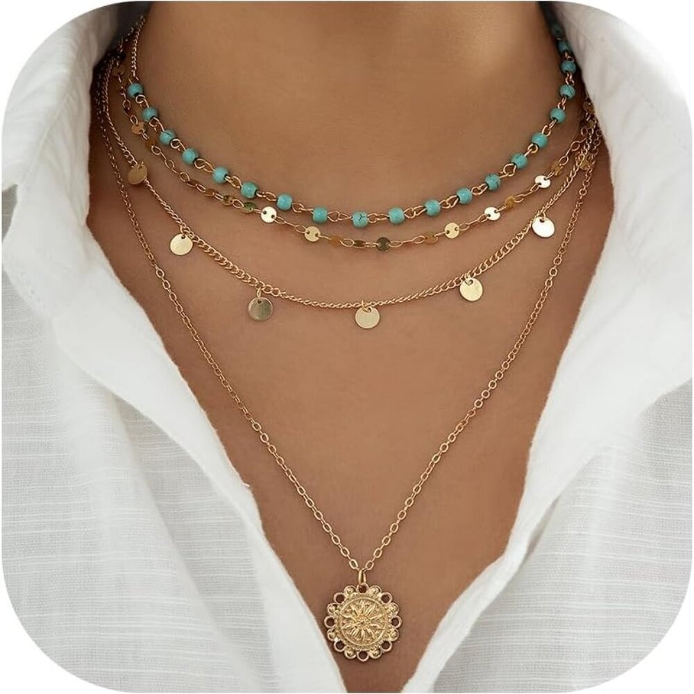 Dainty Layered Choker Necklace Bohemian Turquoise Necklace 14K Gold Plated Daint